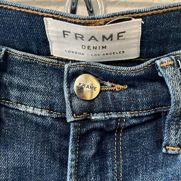 FRAME Denim Le Boy Jeans High Rise Burnett Raw Hem w Slit Gold Rivets, Size 25 - Picture 6 of 12